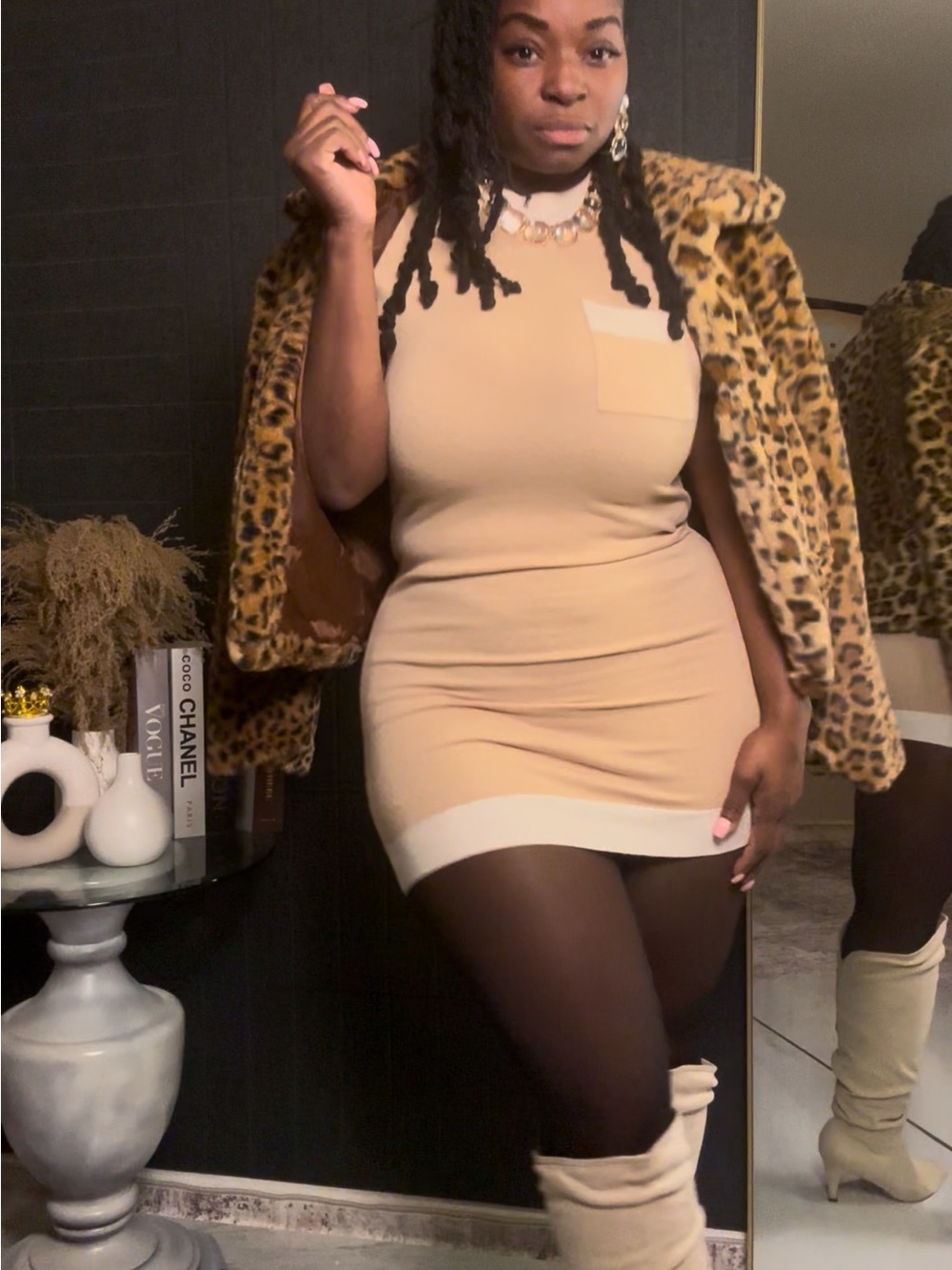 Beige Knit Short Sleeve Bodycon Dress with Contrast Trim